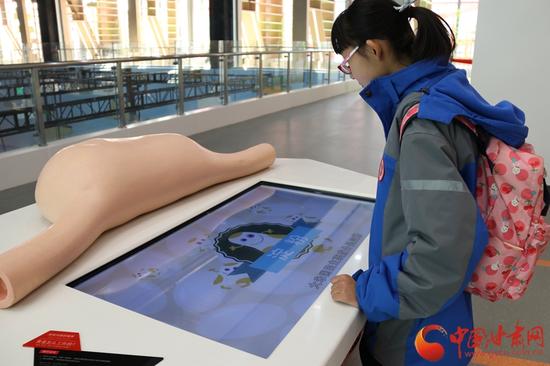 “身体内部的秘密”展区,学生在选择观看关于胃部的科学讲解